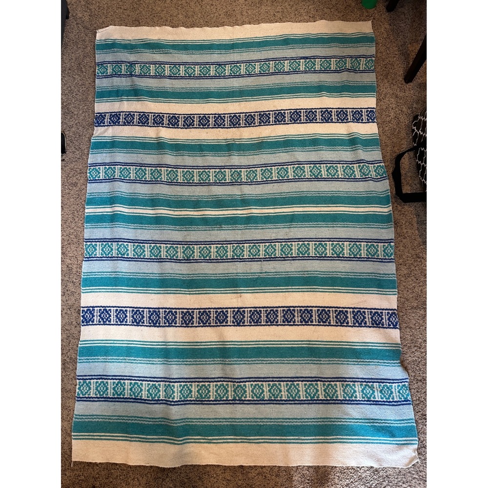 Vintage Mexican Falsa Blanket Teal Blue Striped Southwestern Handwoven Throws